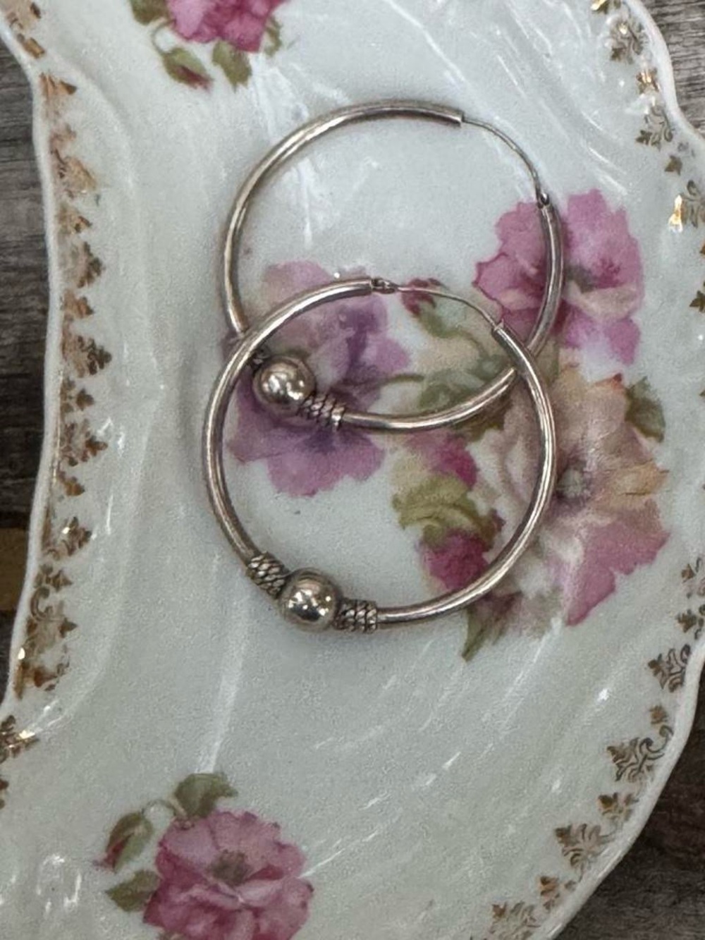 Sterling-Style Silver Hoop Earrings with Bead Accent